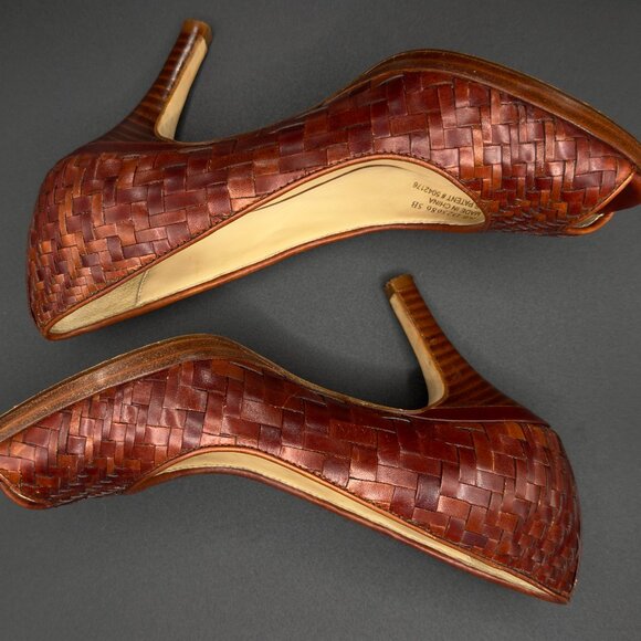 Cole Haan Genevieve Woven Leather Peep-Toe Pumps, Cognac Brown, Nike Air, US 5B - Picture 6 of 11